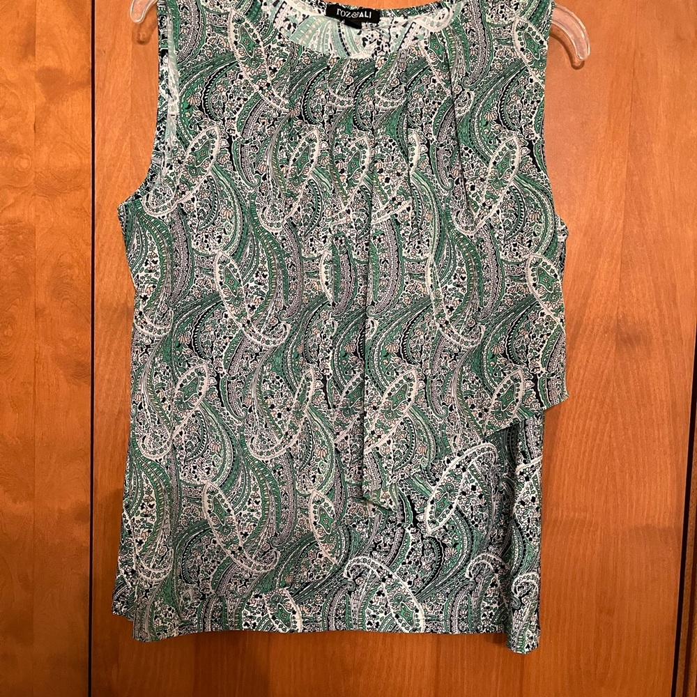 Green with blue and white paisley blouse.